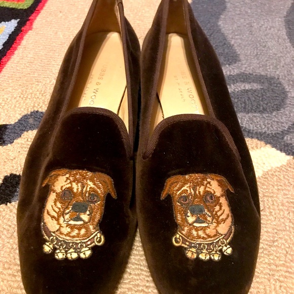 Stubbs & Wootton Shoes - Stubbs & Wootton Dark Brown Velvet Loafers with Fawn pug Motif